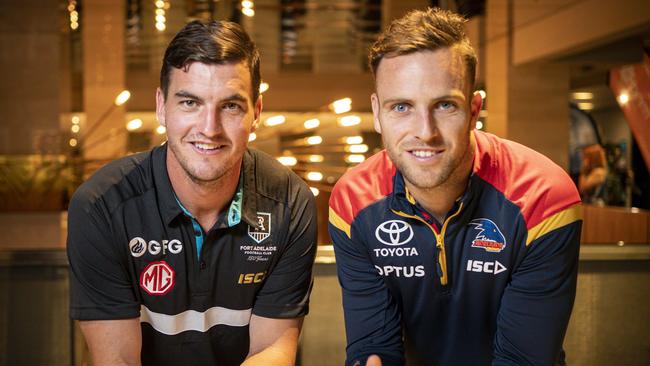 Tom Rockliff and Brodie Smith who headline The Advertiser’s Lowdown Podcast. Picture: Mike Burton (AAP).