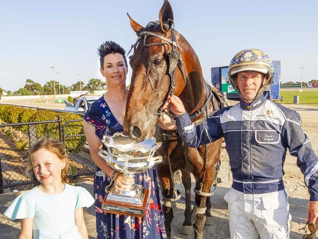 The Lost Storm with trainer Emma Stewart and driver Mark Pitt. Picture: Stuart McCormick