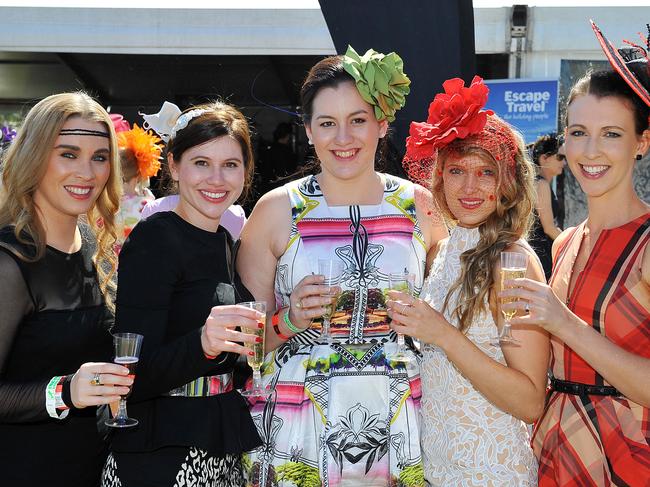 Ladies Day at Cluden Park. Laura Allen, Kristia Collins, Lauren Jones, Kylie Lagerroth and Sarah Collins. Picture: Shae Beplate