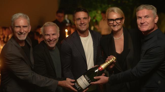 Damon Hill, , Jacques Villeneuve, Dan Carter , Sibylle Scherer and David Coulthard  at  the  Moët & Chandon dinner in Toorak on Thursday, march 13, 2025 celebrating Moet & Chandon becoming  the Official Champagne of Formula 1..Picture: Supplied