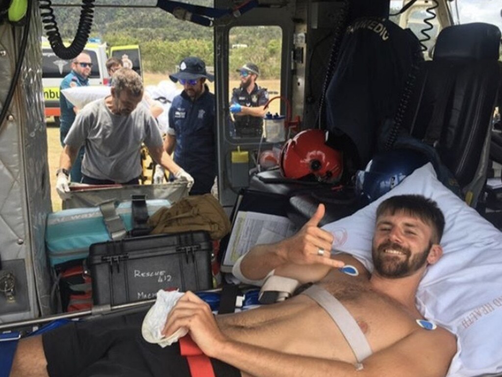 Danny Maggs photographed in the rescue helicopter after suffering injuries in a shark attack. Picture: Supplied.