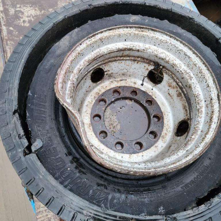 Matthew Pickering posted a photo of his damaged tyre after travelling on the Peak Downs Highway.