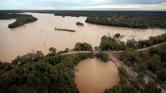 An aerial taken in 2008 showing large dams and levies built at the turn of the 20th Century to capture and divert water from the Warrego River that allowed water to flow back into the river at Toorale Station. Picture: Lyndon Mechielsen