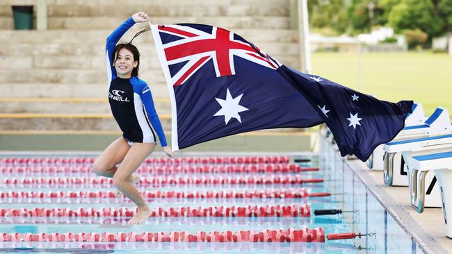 Hannah Yet Foy, 10, celebrates Australia Day while cooling off at the Woree swimming pool. Picture: Brendan Radke