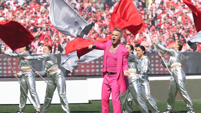 Robbie Williams performing for the packed MCG. Picture: David Caird