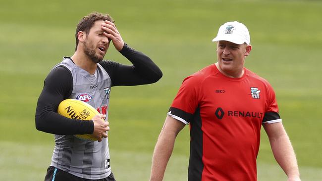 Travis Boak and Michael Voss at Port Adelaide training. Picture: Sarah Reed