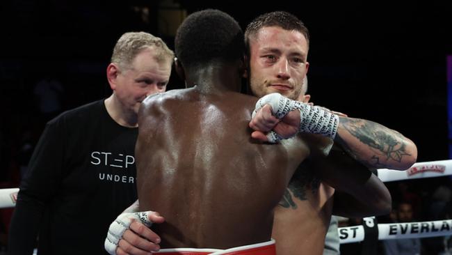 Liam Paro congratulates Richardson Hitchens after their super-lightweight world title fight in Puerto Rico. Picture: Melina Pizano/Matchroom