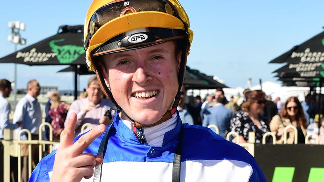 Jackson Murphy celebrates his first metropolitan double after winning on Pressway. Picture: Trackside Photography