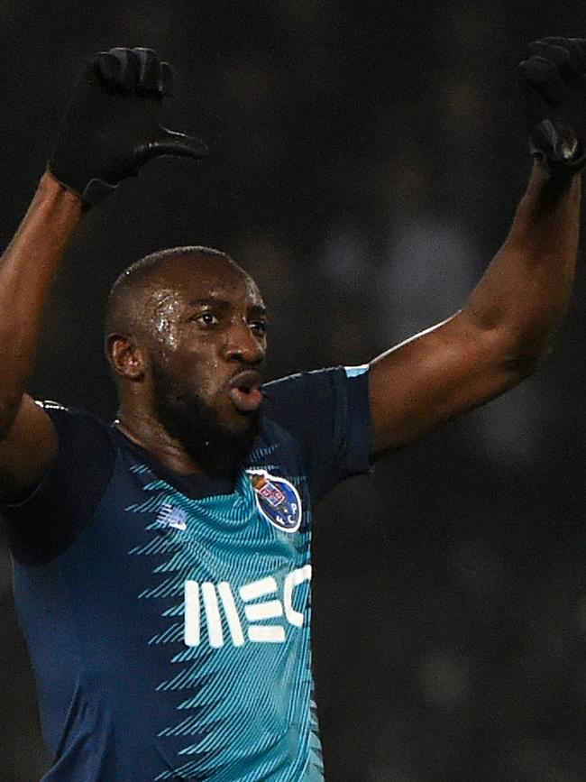 Marega gestures to the crowd after he was subjected to racist taunts. Picture: AFP