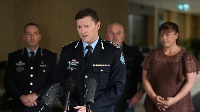 Queensland Police Acting Deputy Commissioner Mark Wheeler, joined by Mr and Mrs Beasley, announced the expansion of a wanding device trial last year. Picture: NCA NewsWire / Dan Peled