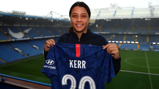 Sam Kerr after signing for Chelsea in November. She is on track to make her debut for the club on Sunday night.