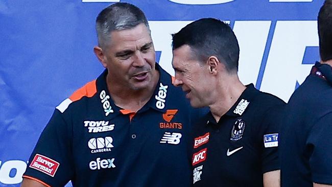 SYDNEY, AUSTRALIA - MARCH 09: Adam Kingsley, Senior Coach of the Giants and Craig McRae, Senior Coach of the Magpies shake hands after the 2025 AFL Opening Round match between the GWS Giants and the Collingwood Magpies at ENGIE Stadium on March 9, 2025 in Sydney, Australia. (Photo by Michael Willson/AFL Photos via Getty Images)