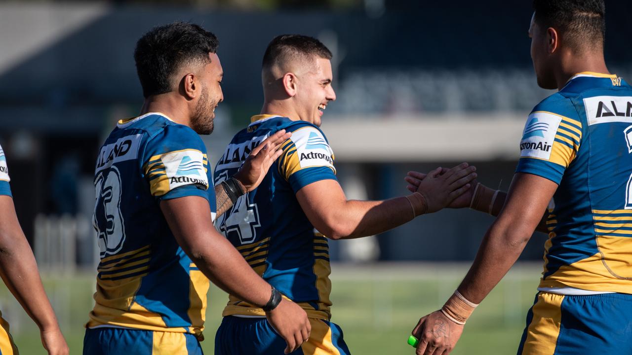 Drew Lloyd celebrates with teammates. Picture: Monique Harmer