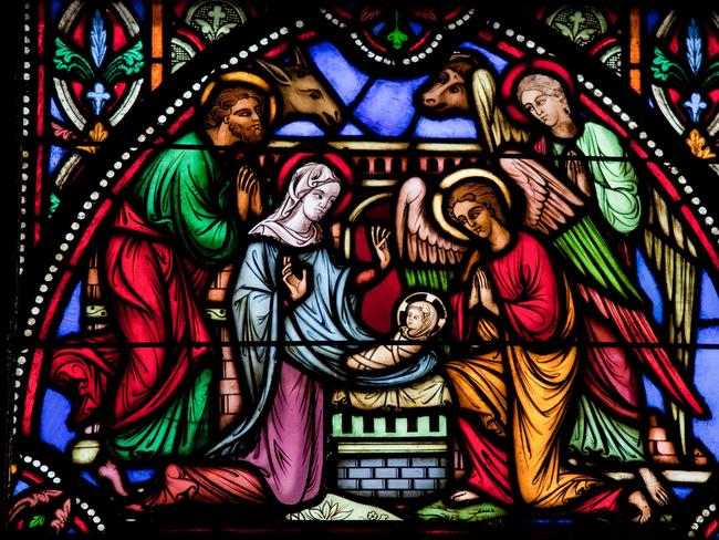 Nativity Scene on Christmas. This window is located in the cathedral of Brussels.