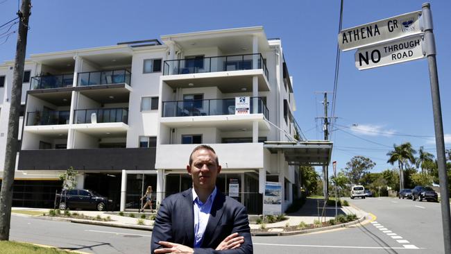 Housing Minister Mick de Brenni outside the Springwood units which were being built by the collapsed Cullen Group.