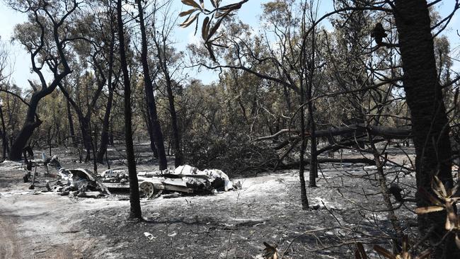 The crime scene where police are investigating the initial fire site of the Rosedale blaze. Picture: Tony Gough