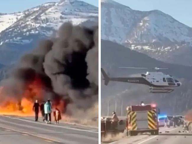 Seven people are dead after a tour van was engulfed in flames following a horror crash. Picture: AP