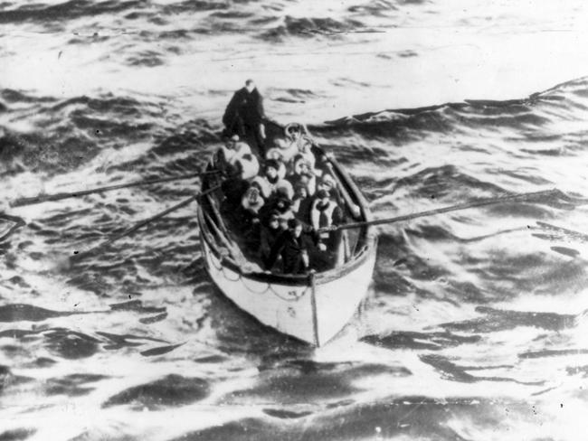 Photo taken from deck of rescue vessel Carpathia of Titanic survivors in a liferaft. Shipping / Rescue / Historical