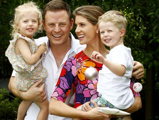 Ben Fordham at home with his wife Jodie Speers and their children Freddy and Pearl. Picture: John Appleyard