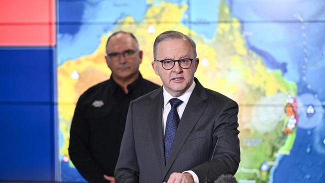 Anthony Albanese and National Emergency Management Agency deputy co-ordinator-general Joe Buffone in the National Situation Room in Canberra on Thursday. Picture: NewsWire / Martin Ollman