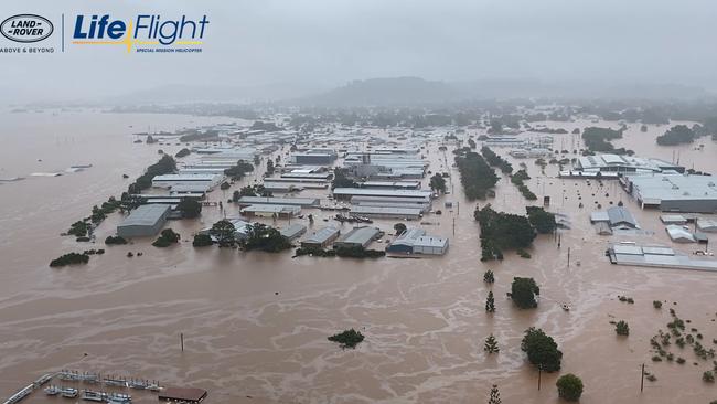 An aerial shots of flooding at Lismore taken by the RACQ Life Flight helicopter. Picture: Supplied