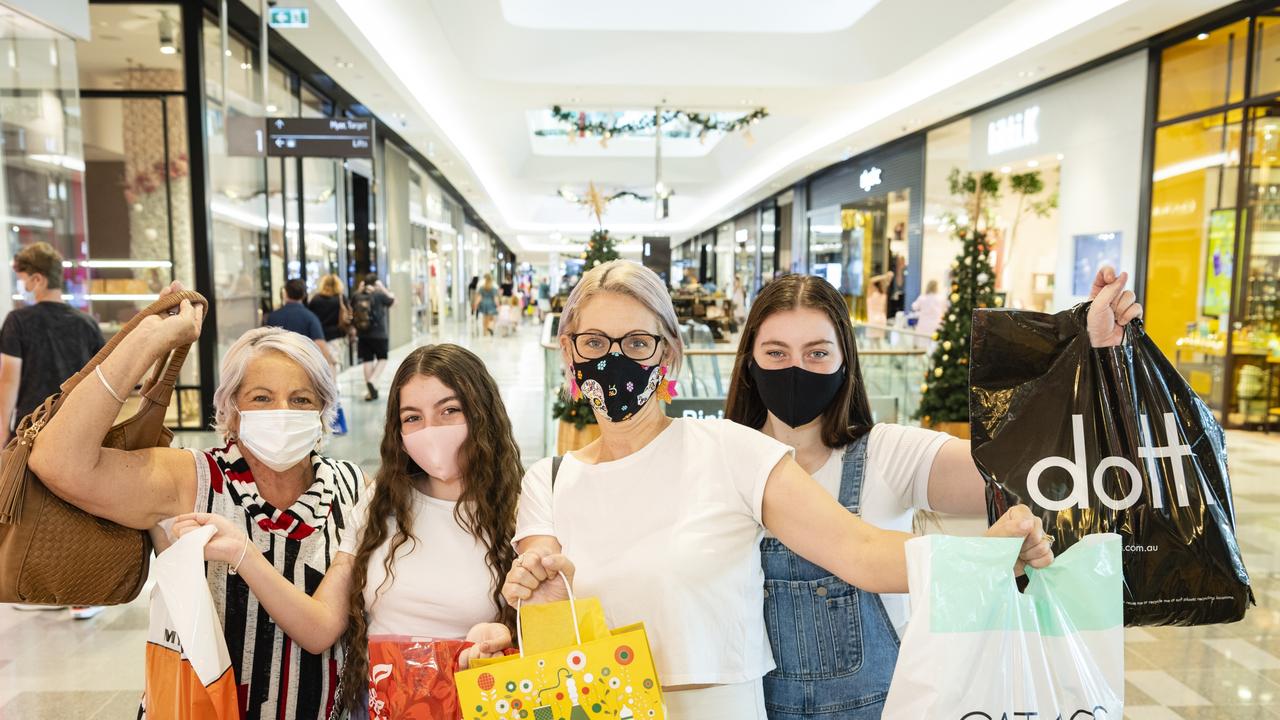 Showing off their bargains from the Boxing Day sales are (from left) Roslyn Rolfe, Stevie-Lee Powell, Crystal Powell and McKenzee Powell at Grand Central, Sunday, December 26, 2021. Picture: Kevin Farmer