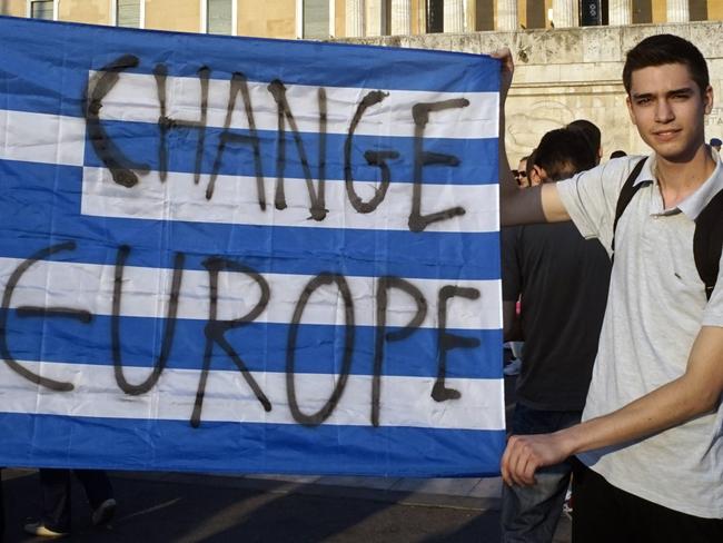 ATHENS, GREECE - JUNE 29: Demonstrators during a rally in Athens, Greece, 29 June 2015. Greek voters will decide in a referendum next Sunday on whether their government should accept an economic reform package put forth by Greece's creditor. Greece has imposed capital controls with the banks being closed untill the referendum. (Photo by Milos Bicanski/Getty Images)