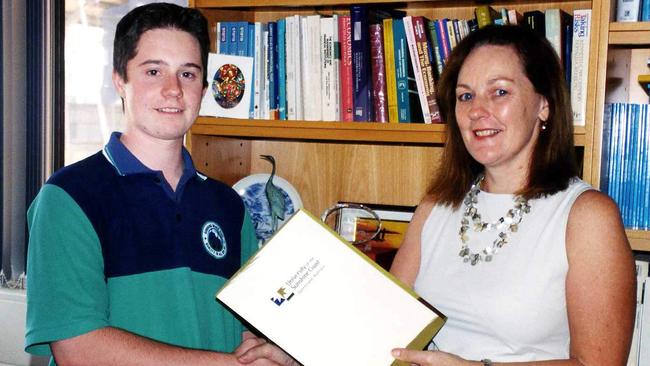 Professor Deborah Ralston in 2004 as the Dean of the Faculty of Business at the University of the Sunshine Coast, presenting a bursary to Luke Hawley.