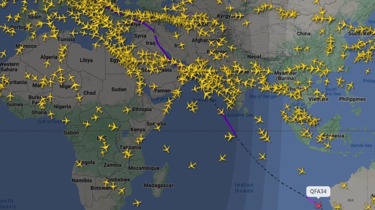 Flight radar images show the path Qantas’ Perth-Paris flight would normally take – the airline is re-routing services away from the danger zone in the Middle East. Picture: Flightradar24.com