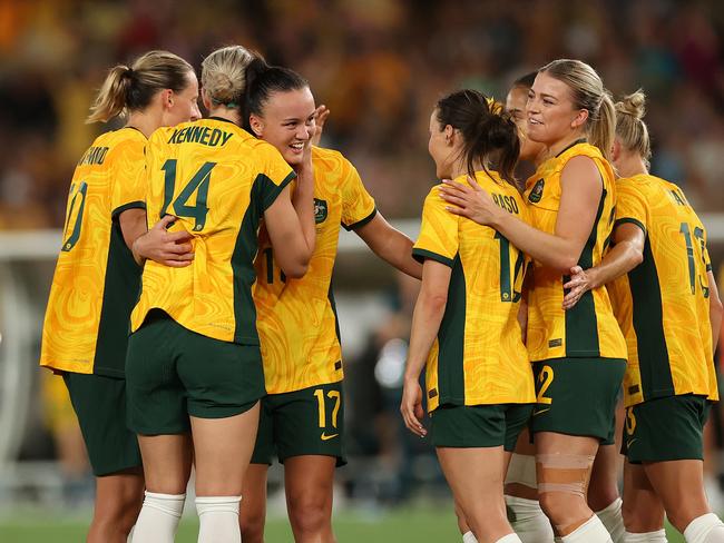 Amy Sayer celebrates scoring during the AFC Women's Olympic Football Tournament Paris 2024 Asian Qualifier Round 3 match against Uzbekistan. Picture: Kelly Defina/Getty Images