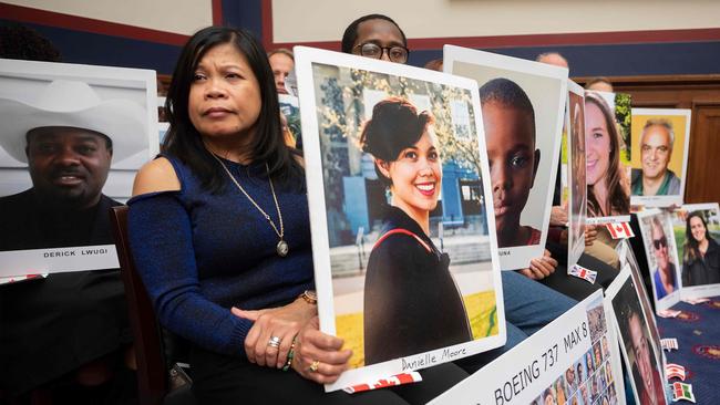 A protest on behalf of the victims of Boeing 737 MAX accidents as Federal Aviation Administration chief Stephen Dickson testifies before congress last December. Picture: AFP<br/>