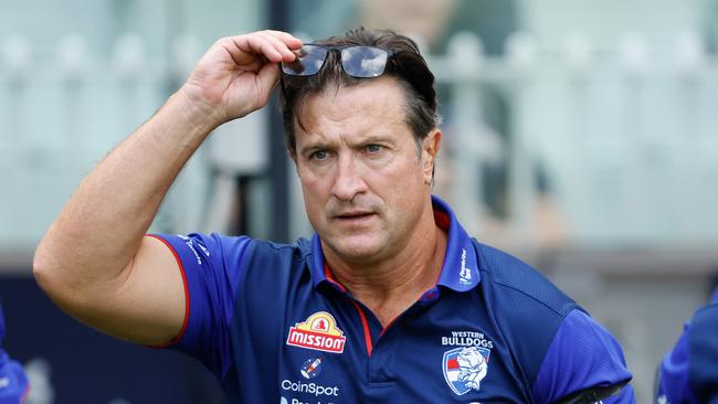 MELBOURNE, AUSTRALIA - MARCH 17: Luke Beveridge, Senior Coach of the Bulldogs is seen at three quarter time during the 2024 AFL Round 01 match between the Melbourne Demons and the Western Bulldogs at the Melbourne Cricket Ground on March 17, 2024 in Melbourne, Australia. (Photo by Dylan Burns/AFL Photos via Getty Images)