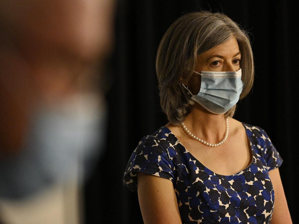 SA’s Chief Public Health Officer Nicola Spurrier seen wearing a mask during a COVID announcement. Picture: NCA NewsWire / David Mariuz