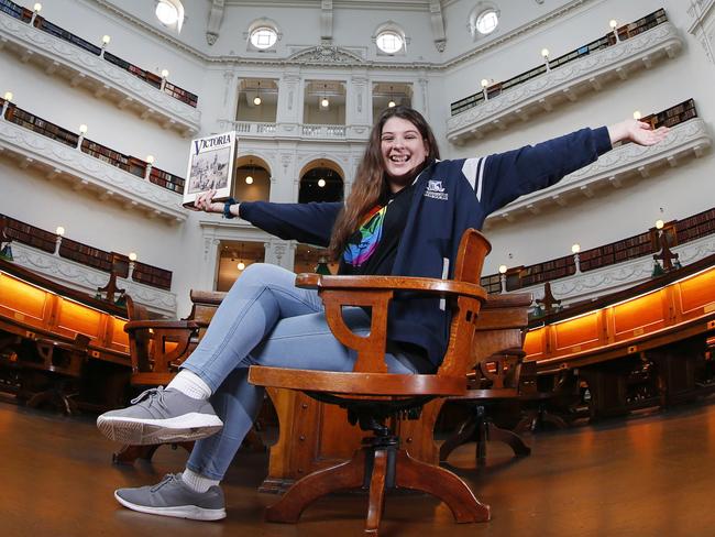 State Library of Victoria are re-opening to the general public on Saturday 27th. Library patron Alyssa Morgan studying history in the La Trobe Reading Room under the Dome.   Picture: David Caird