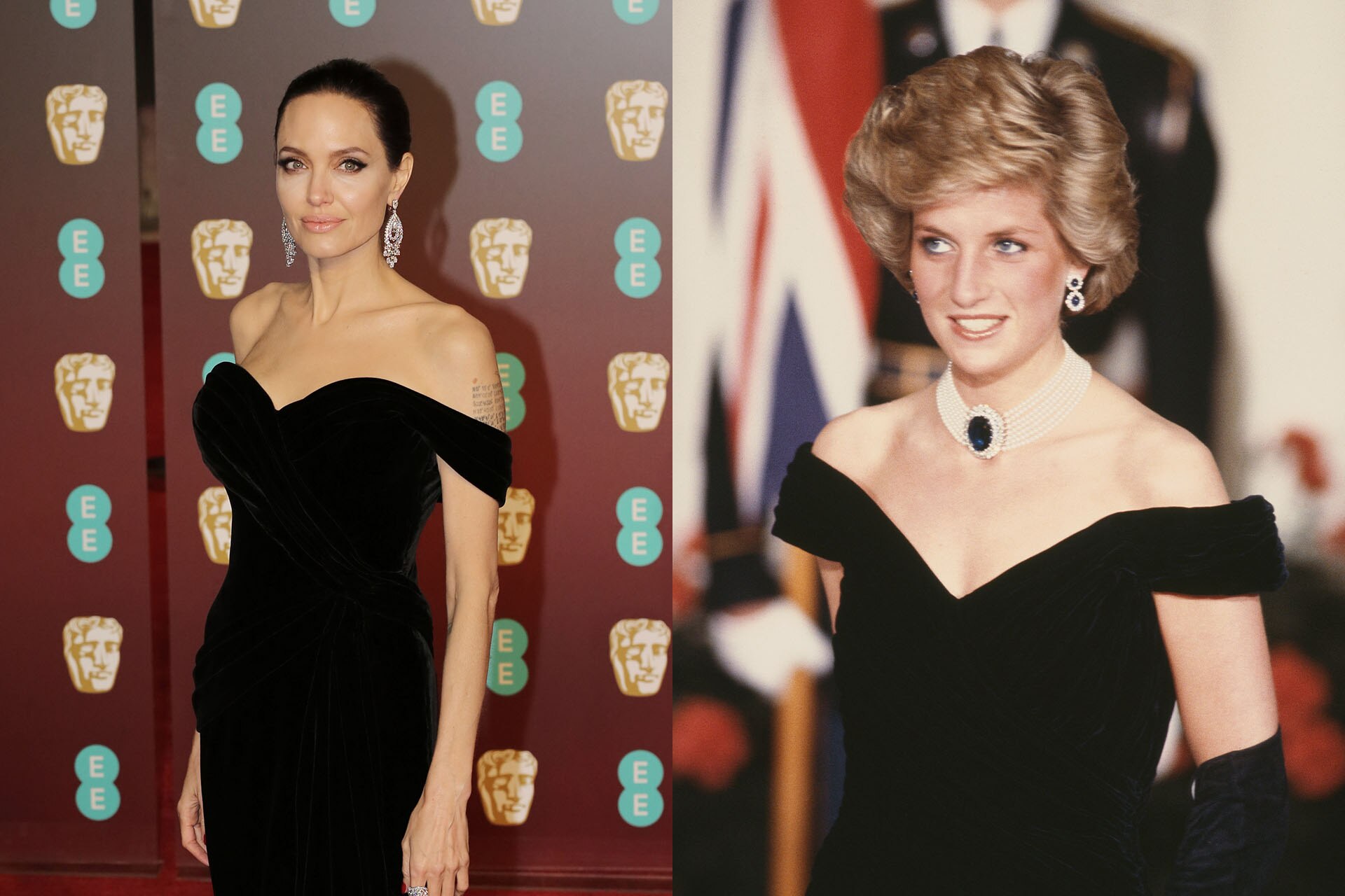 <h3>Angelina Jolie</h3><p>In 1985, Princess Diana stepped out in another off-the-shoulder black dress by Victor Edelstein&mdash;not to be confused with her revenge dress, this gown famously became known as the &ldquo;Travolta dress&rdquo; for the fact that the Princess danced with the <em>Grease&nbsp;</em>actor while wearing the dress at this White House dinner gala. Then, in 2918, Angelina Jolie channeled the iconic moment at the 2018 BAFTAs, in a Ralp &amp; Russo dress with an almost identical sweetheart neckline and sweeping black skirt. While the Princess accessorised with her signature pearl and sapphire choker, Jolie left her d&eacute;collet&eacute; free and opted for chandelier earrings instead.</p>