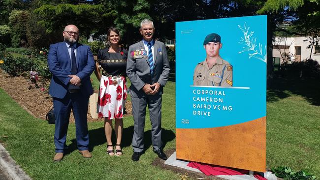 Burnie Remembrance Day. Cameron Baird Memorial Drive opening, with (from left) Cr Justin Grave, Mayor Teeny Brumby and Doug Baird, father of Cpl Cameron Baird VC winner (deceased). Picture; Supplied