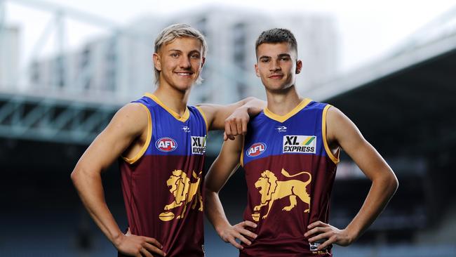 Kai Lohmann and Darcy Wilmot after being picked by the Lions in 2021. Picture: Dylan Burns/AFL Photos