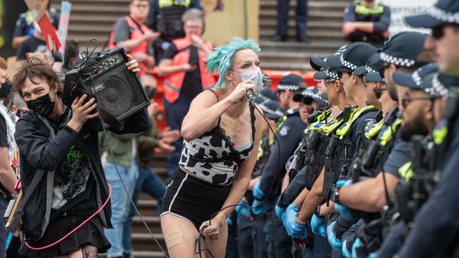 Members of the TERF (trans exclusionary radical feminists) movement in Melbourne in March. Picture: Tony Gough