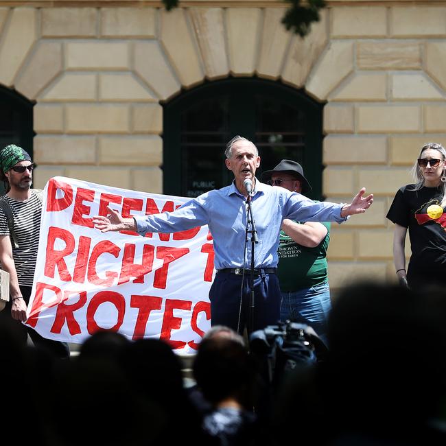 Bob Brown addresses the anti-protest laws rally. Picture: NIKKI DAVIS-JONES