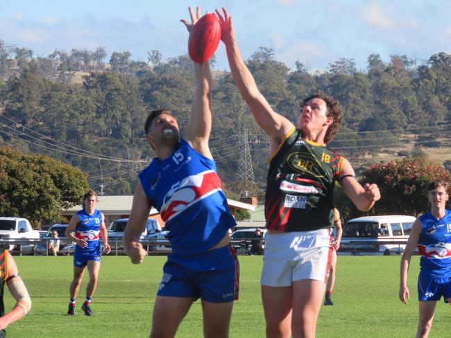 South Launceston's Brad Keegan and Bridgenorth's Dylan Farquhar do battle in the ruck during an NTFA clash last year. Picture: Jon Tuxworth