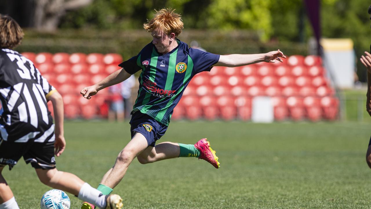 Lindsay Hamilton-Jackson of Highfields against Willowburn White in Football Queensland Darling Downs Community Juniors U14/15 Junior League grand final at Clive Berghofer Stadium, Saturday, August 31, 2024. Picture: Kevin Farmer