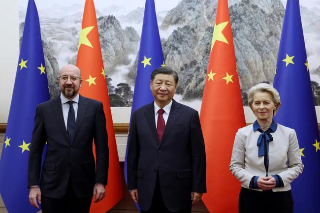 The EU says it hopes Thursday's meetings between chiefs Charles Michel (L), Ursula Von Der Leyen (R) and Beijing's top brass will provide a chance to discuss areas of common interest