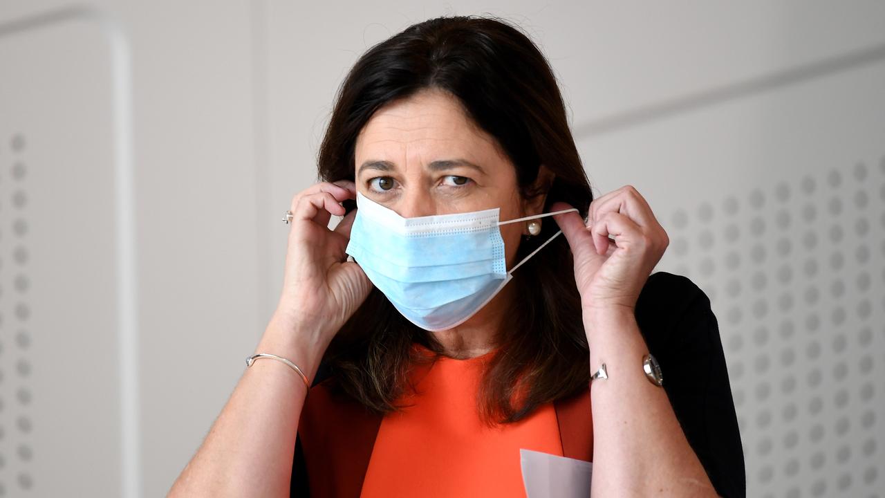 BRISBANE, AUSTRALIA - NewsWire Photos - JANUARY 10, 2021. Queensland Premier Annastacia Palaszczuk takes her mask off after speaking at a press conference to provide a COVID-19 update. Picture: NCA NewsWire / Dan Peled