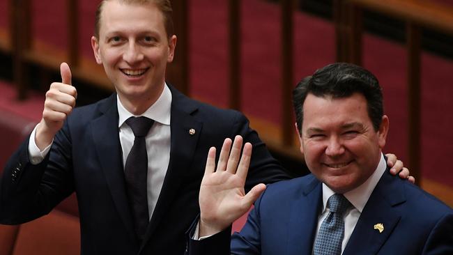 Australian Liberal Senators Dean Smith (right) and James Paterson have rival same-sex marriage bills drafted. Picture: AAP Image/Lukas Coch.