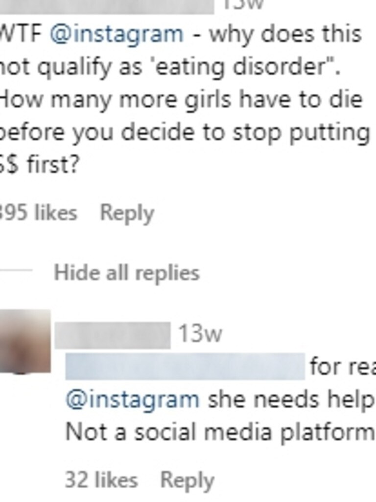 Online users calling out self-harm content online. Source: Instagram