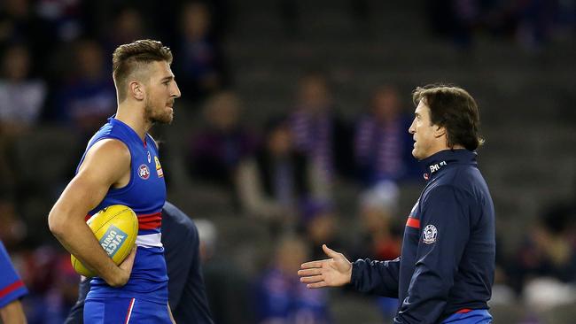 The Stallion and The Bison share a pre-game chat before Western Bulldogs’ clash with North Melbourne. Picture: Michael Klein.