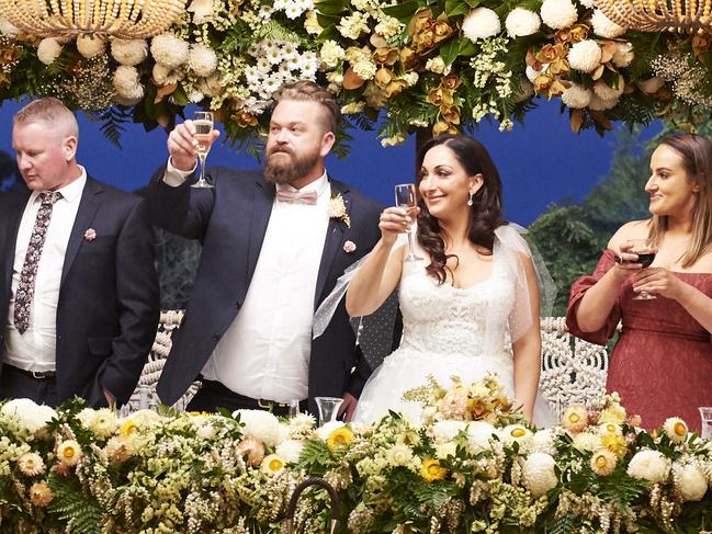 Luke Eglin and Poppy Jennings during their “wedding reception”. Picture: Channel Nine