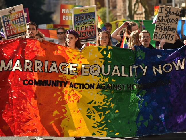 Supporters of same sex marriage held a rally in Sydney ahead of the meeting. Picture: AFP