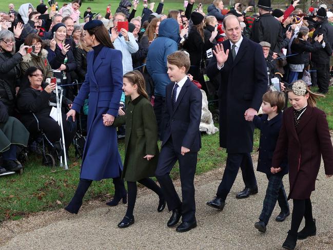 Princess Catherine and Prince William with their children and Mia Tindall at last year’s Sandringham Christmas service. AFP