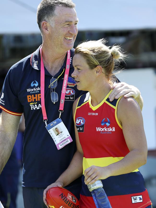 Courtney Cramey with assistant coach Peter Cavan after the Crows 29-point win over Geelong at Norwood Oval on Sunday. Picture Sarah Reed